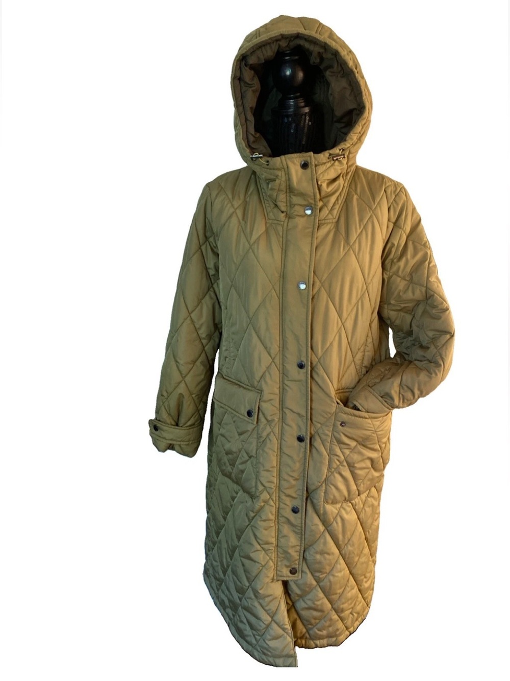 Vince Camuto Women's Olive Green Long Coat Hooded Diamond Quilted Full Zip Sz XL